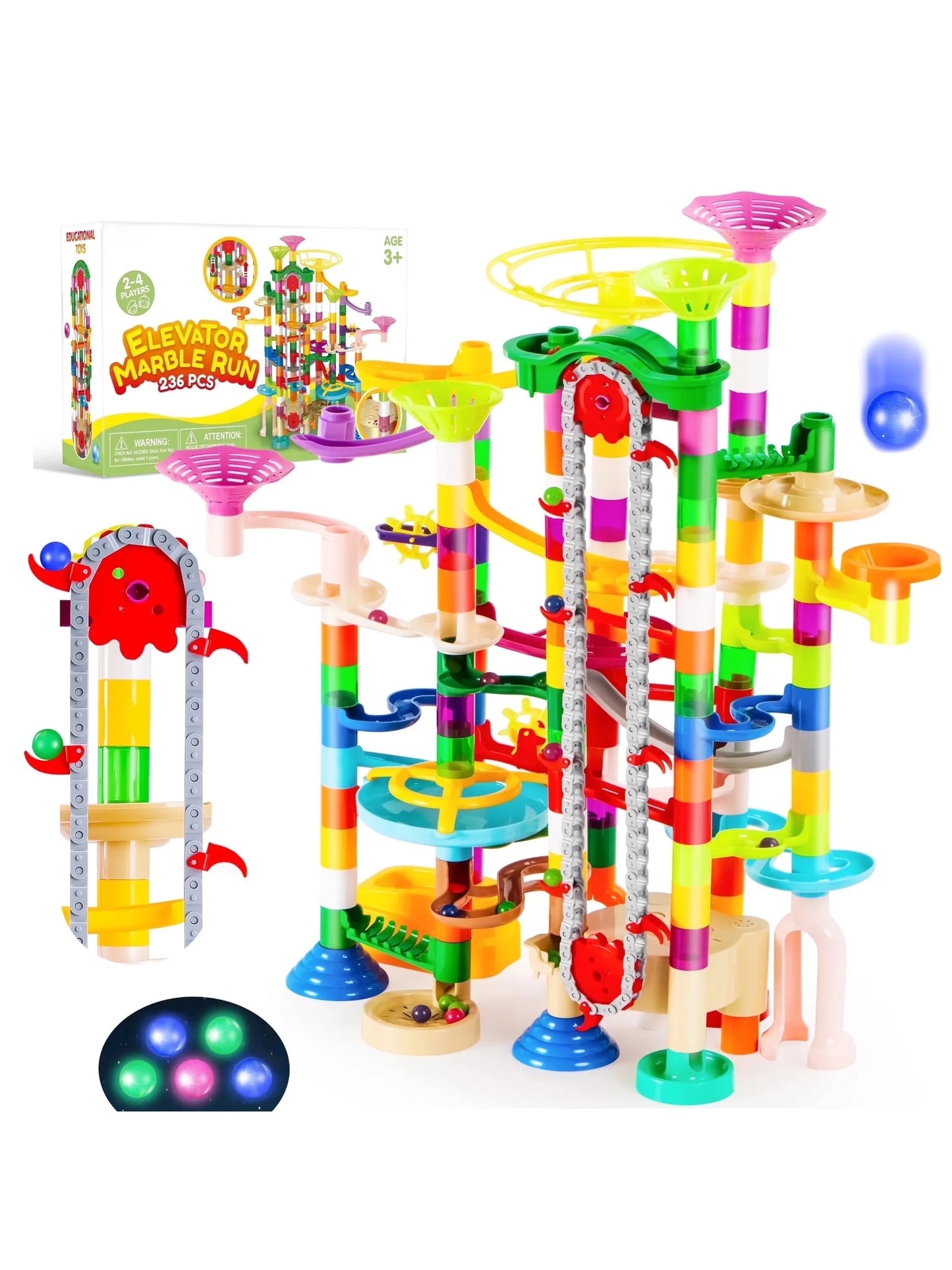 Joyfy 236 Pcs Glowing Marble Run with Motorized Elevator Building Blocks.